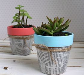 22 ideas to make your terra cotta pots look oh so pretty, Decoupage them with newspaper
