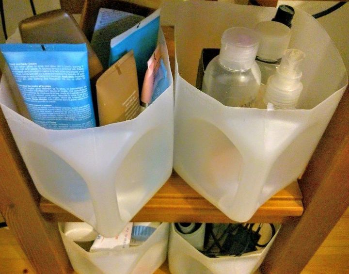 the 25 most brilliant uses people came up with for plastic containers, Cut jugs into cupboard organizers
