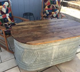 old water trough to a patio storage and table