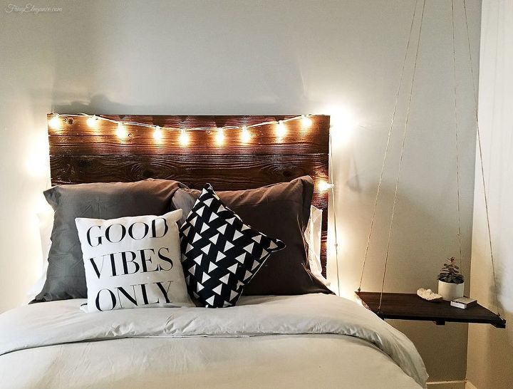 s 15 affordable diy projects you can do right now, Rustic Headboard With Hanging Bedside Table