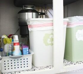s the 15 smartest storage hacks for under your sink, Stow small trash recycling bins on one side
