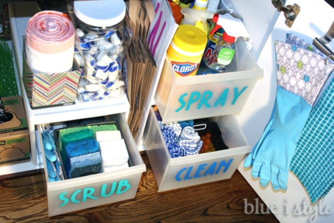 s the 15 smartest storage hacks for under your sink, Stack well labeled plastic drawers