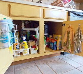 s the 15 smartest storage hacks for under your sink, Utilize your cabinet doors with hooks bins