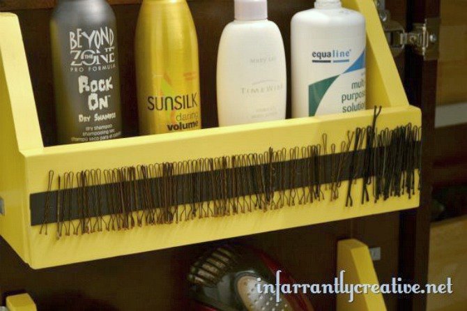 s the 15 smartest storage hacks for under your sink, Add a magnetic strip to hold pins or clips