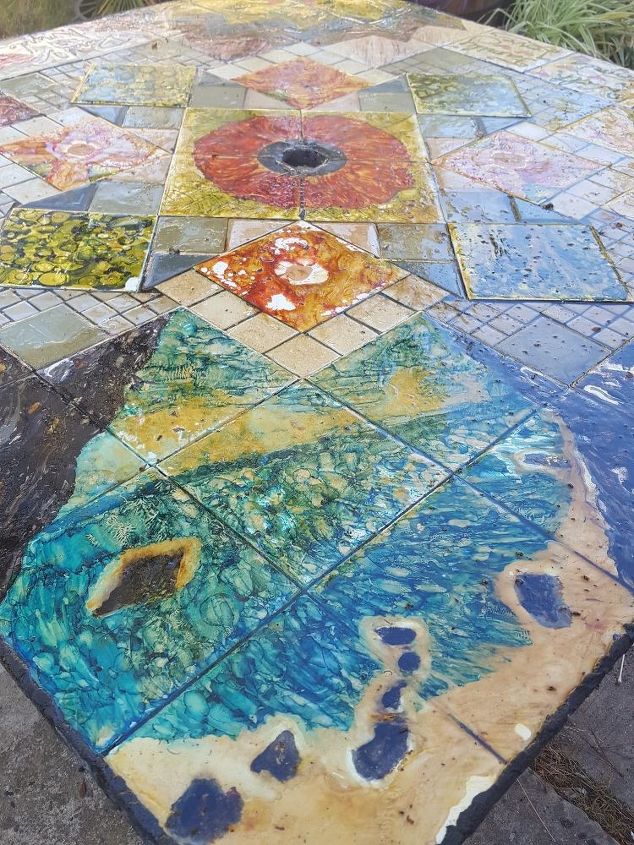 q help tile table painted with alcohol ink bad acrylic pour