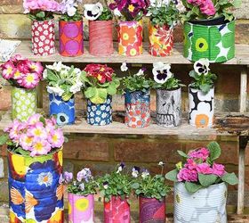 15 cute ways to decorate tin cans into planters, Decoupaged with fabric