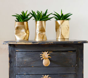 15 cute ways to decorate tin cans into planters, Crushed and painted gold