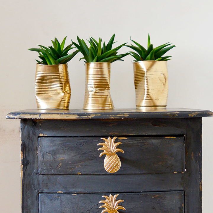 15 cute ways to decorate tin cans into planters, Crushed and painted gold
