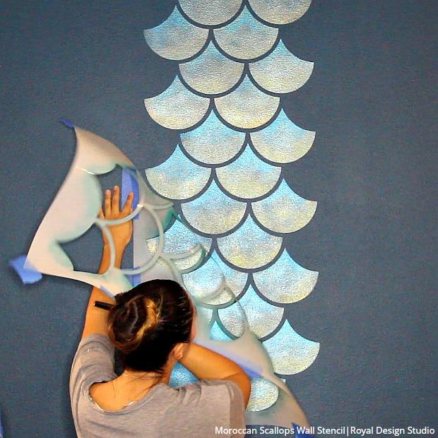 how to stencil a mermaid fish scales wall