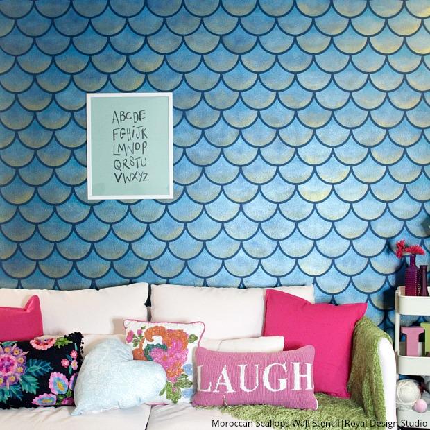 how to stencil a mermaid fish scales wall