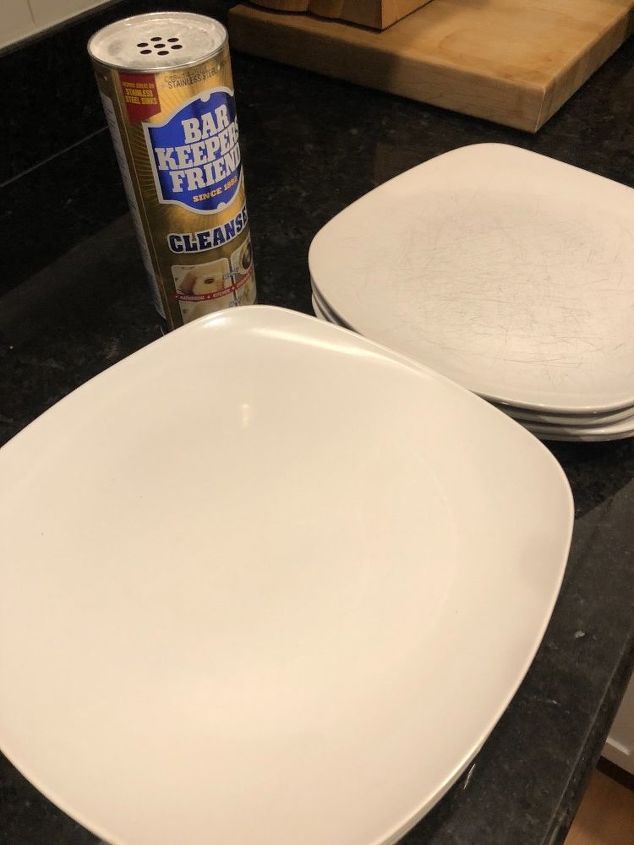 remove knife scratches from porcelain plates, Side by side comparison
