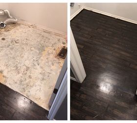 carpet and linoleum to faux wood floor, Laundry room before and after