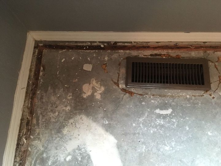 How To Turn Carpet And Linoleum Faux Wood Floor Diy Hometalk Our Concrete Had All Sorts Of Stuff Caked On