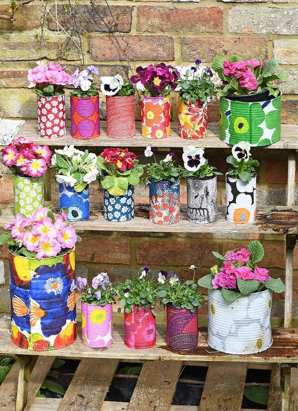 15 cute ways to decorate tin cans into planters, Decoupaged with fabric