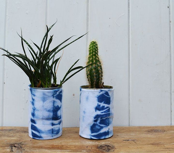 15 cute ways to decorate tin cans into planters, Covered in Shibori dyed socks