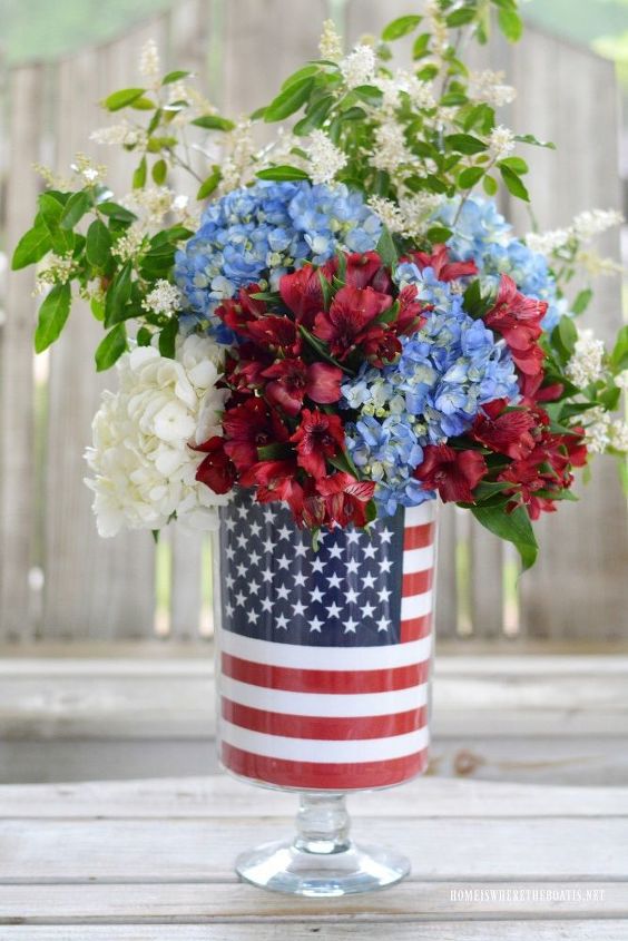 patriotic flower arrangement with an american flag