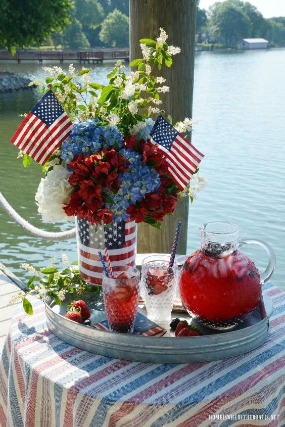 patriotic flower arrangement with an american flag