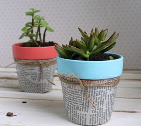 s 22 idea to make your terra cotta pots look oh so pretty, Decoupage them with newspaper