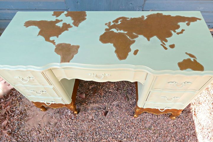 s 30 stunning ways to use metallic paint no experience necessary, Use Metallic Paint To Put A Map On Your Desk