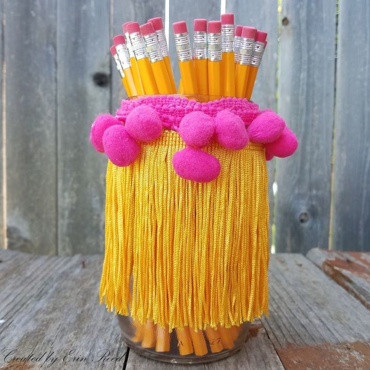 upcycled jars with fringe for party decor