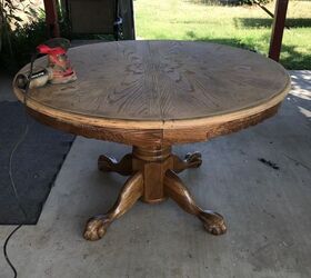 makeover on a worn oak table to a farmhouse fresh beauty