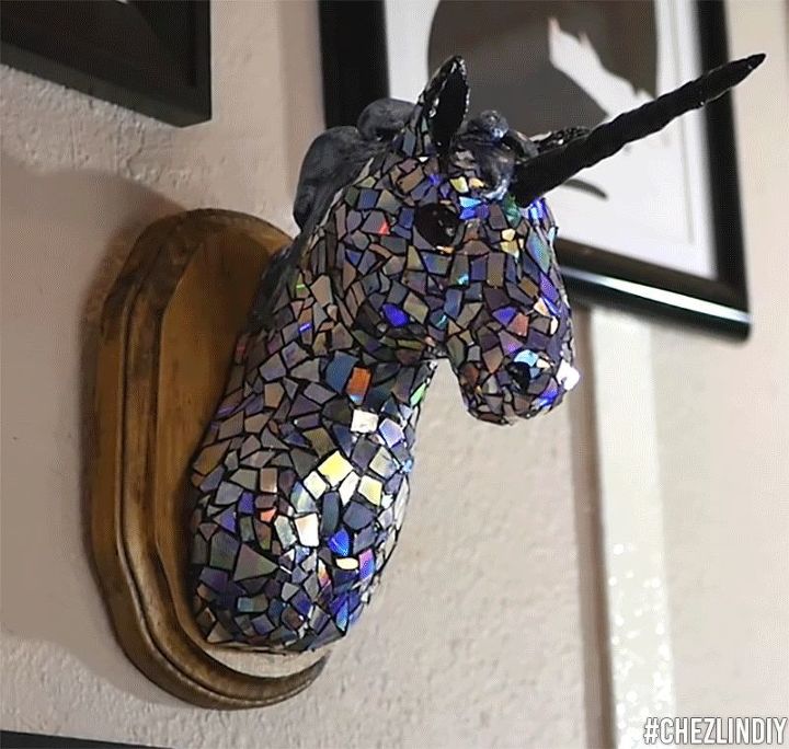 s 20 ways to incorporate mosaics to your home, Unicorn Bust With CD Pieces