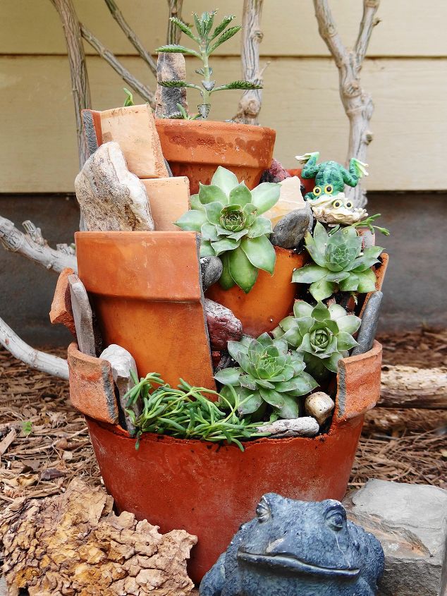 s check out these adorable container garden ideas to copy this spring, Broken Pot Garden