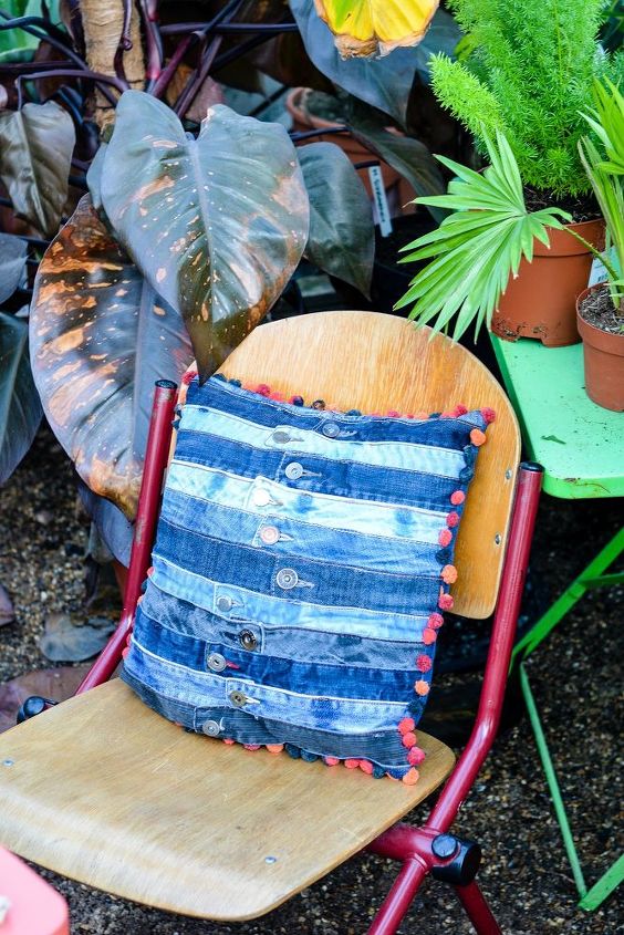 using up every bit of old jeans waistband cushion cover