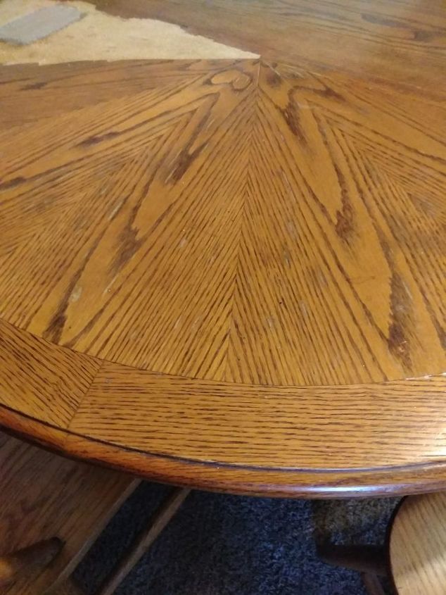 how do i refinish a split peeling veneer compressed wood table