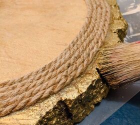 transform a rustic wood slab into a gold nugget centerpiece