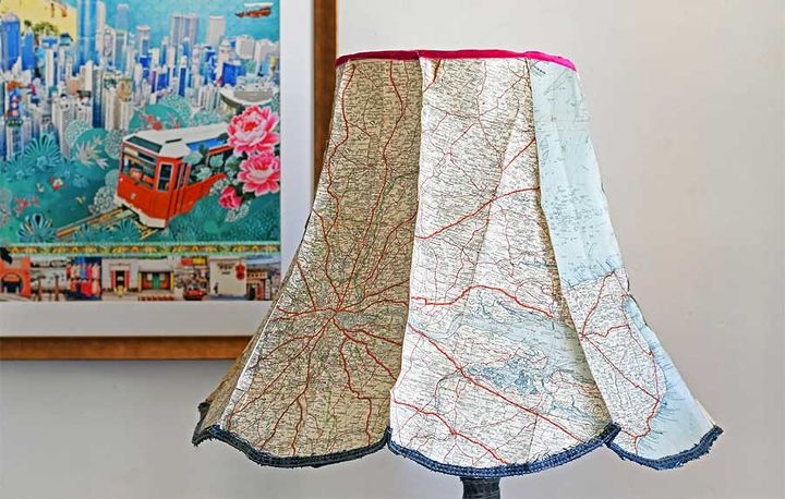 unique upcycled map and denim lamp