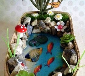 a wicker planter hosts a small garden at the fish pond