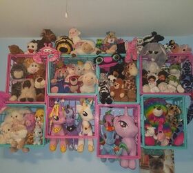 stuffed animal storage on wall with milk crates affordable