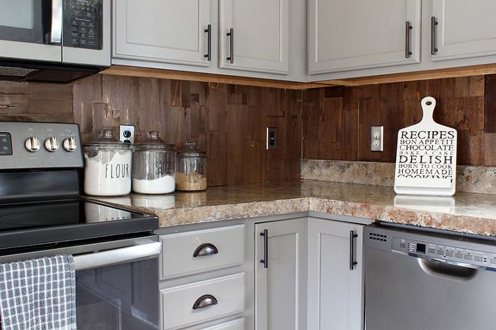 wood paneled kitchen backsplash