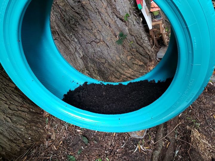 how to make a cute diy tire swing planter for your garden gnomes, Adding dirt to the tire