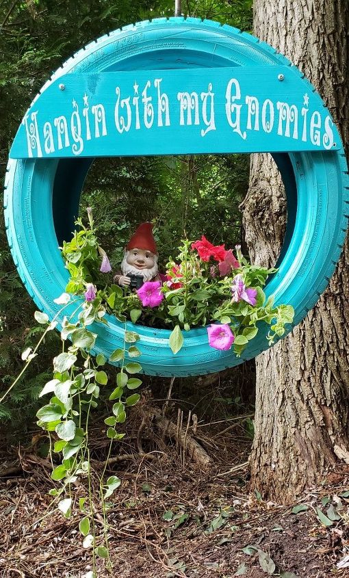 how to make a cute diy tire swing planter for your garden gnomes, DIY tire swing planter
