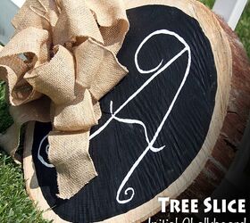 tree trunk slice initial chalkboard with burlap bow