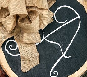 tree trunk slice initial chalkboard with burlap bow