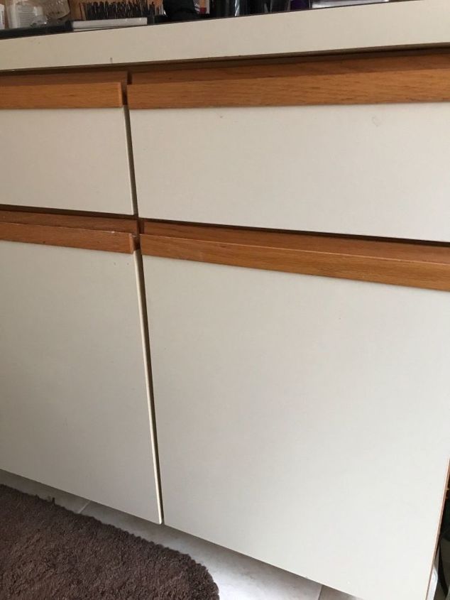 q builder grade laminate bathroom vanity any way to makeover