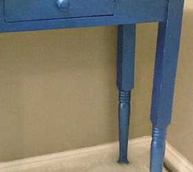 thrift store vanity makeover with blue metallic paint