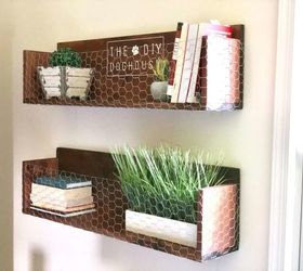 wood shelving with chicken wire