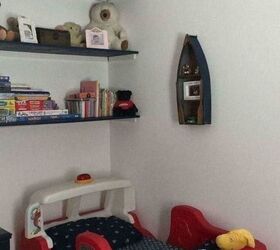 adding storage to childs room, Firemen bed under the shelf s
