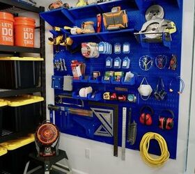 garage organization with metal pegboard