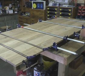 making a farmhouse table from oak and pine boards, Clamp and glue boards