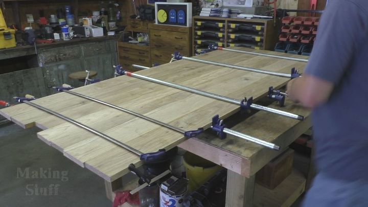 making a farmhouse table from oak and pine boards, Clamp and glue boards