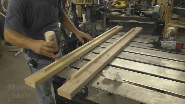 making a farmhouse table from oak and pine boards, Glue 1 2 strips to base
