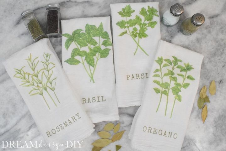 easy transfer to fabric technique diy kitchen herb towels