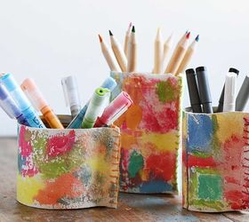 colourful upcycled faux leather pen pots