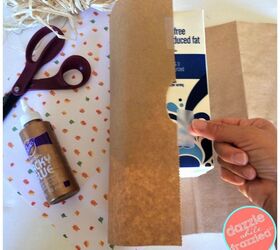 upcycle a milk carton into a fall leaf vase, Wrap milk carton with brown paper grocery bag