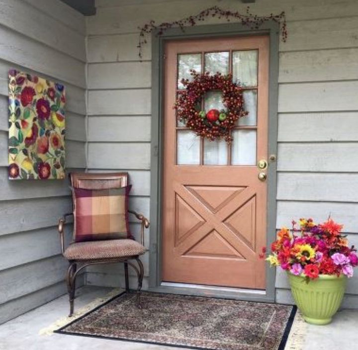 fall front porch with copper and cranberry accents